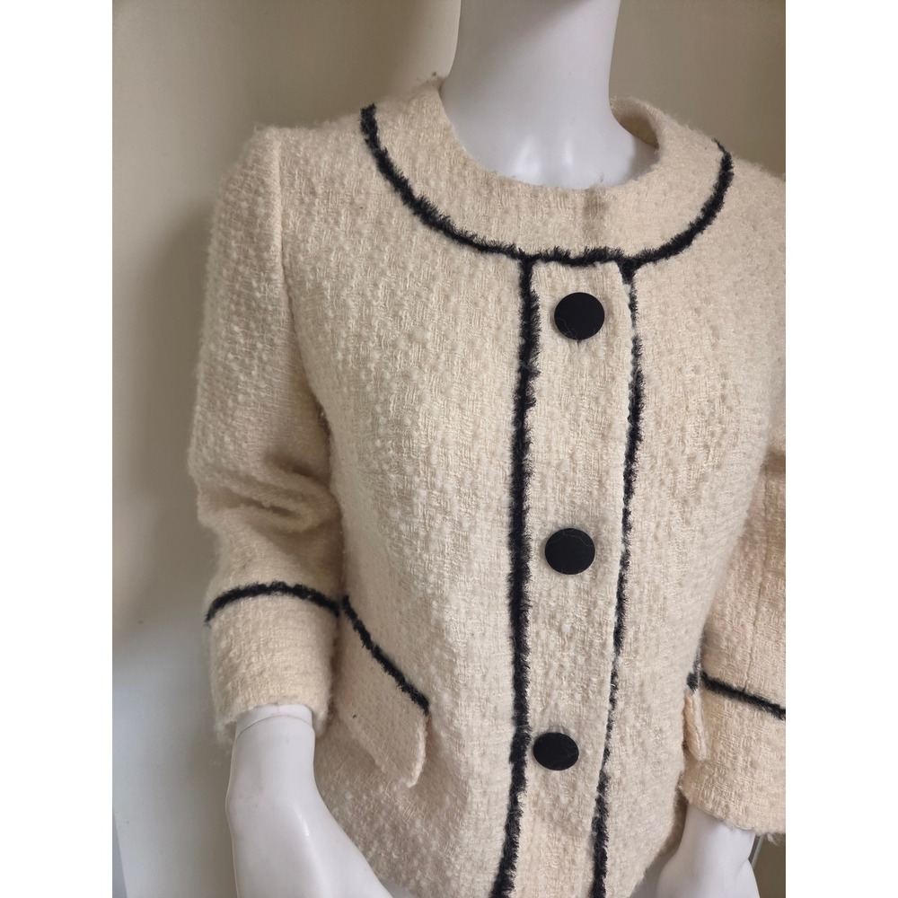 Milly‎ of New York Cream Black Boucle Tweed Wool Blend Jacket Silk Trim Size 6 - Picture 4 of 9